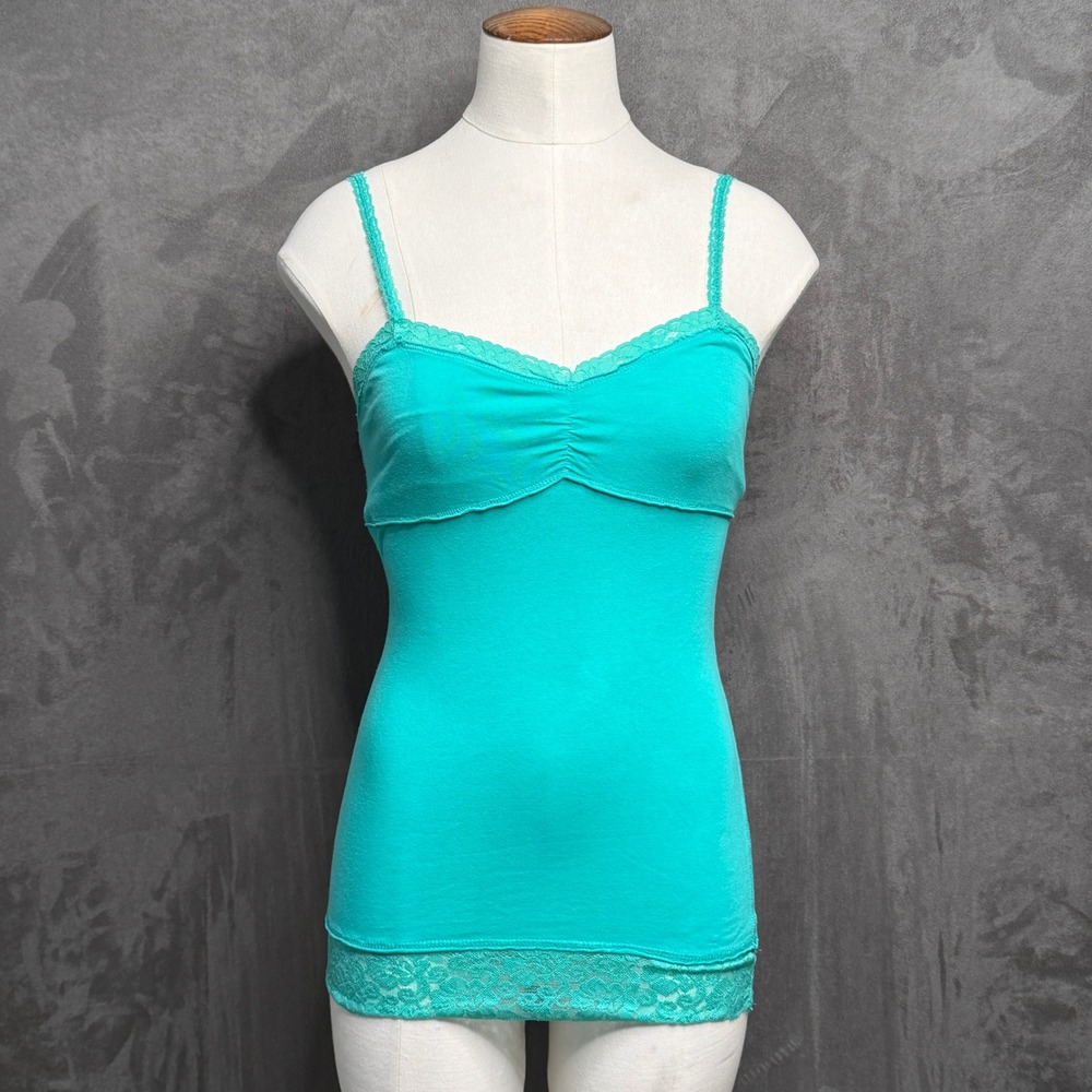 Vtg Y2K Camisole Women Small Fitted Teal Lace Trim Babydoll Cami Top Bella Swan